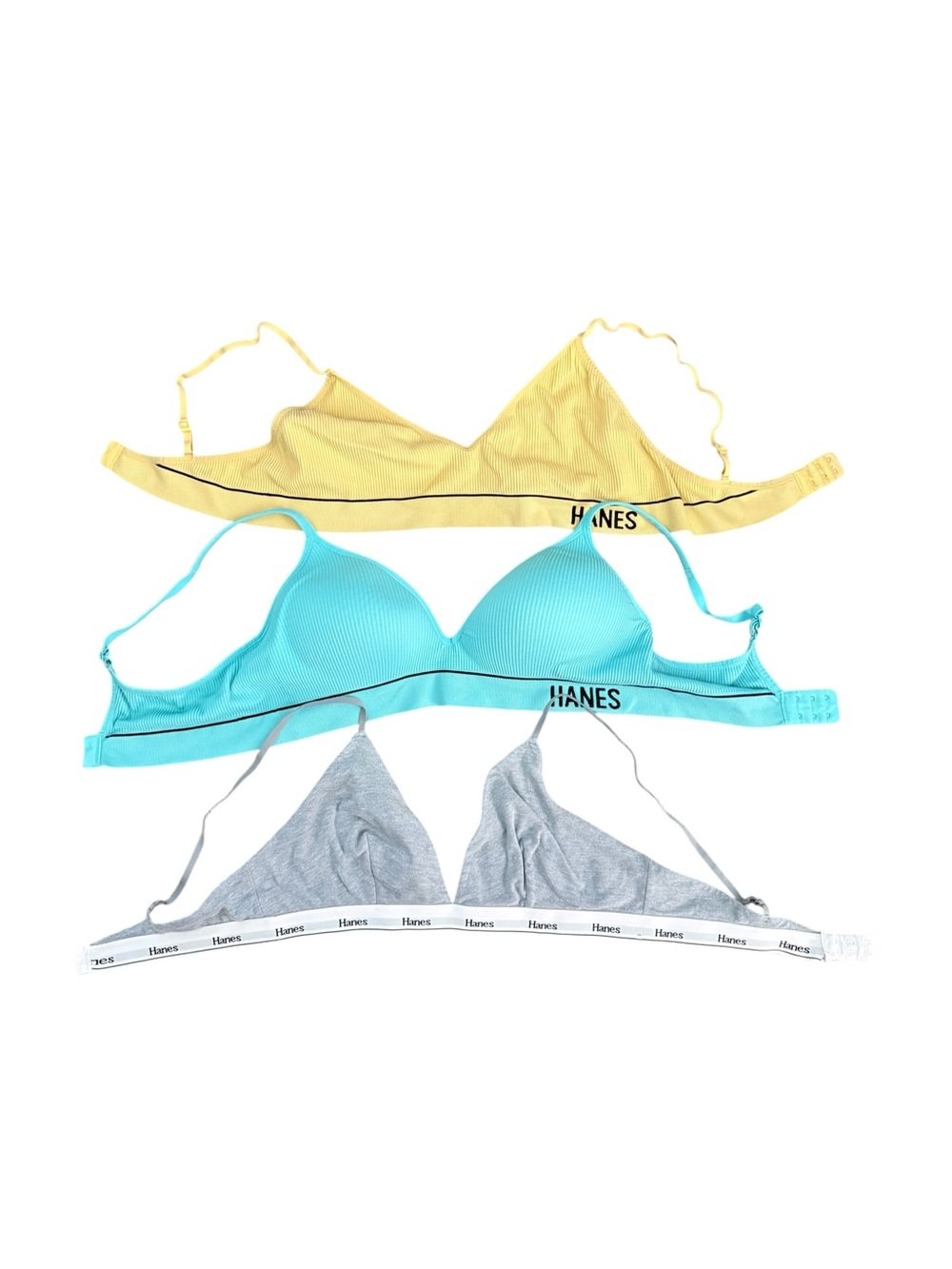 Lot 3 Hanes Bras 2XL Plus Size Wireless Bralette Set Ribbed Yellow Blue Gray